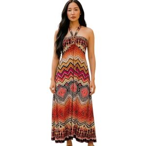 Snap Red Multicolored Chevron Print Knit Halter Maxi Dress Size XL